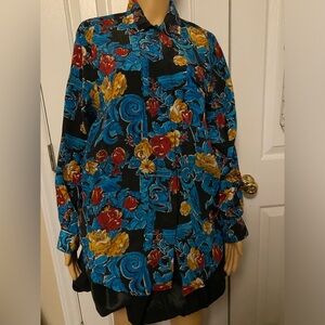 Vintage Mervyns Partners Blue Black Floral Button-Up Shirt Size Medium Women’s